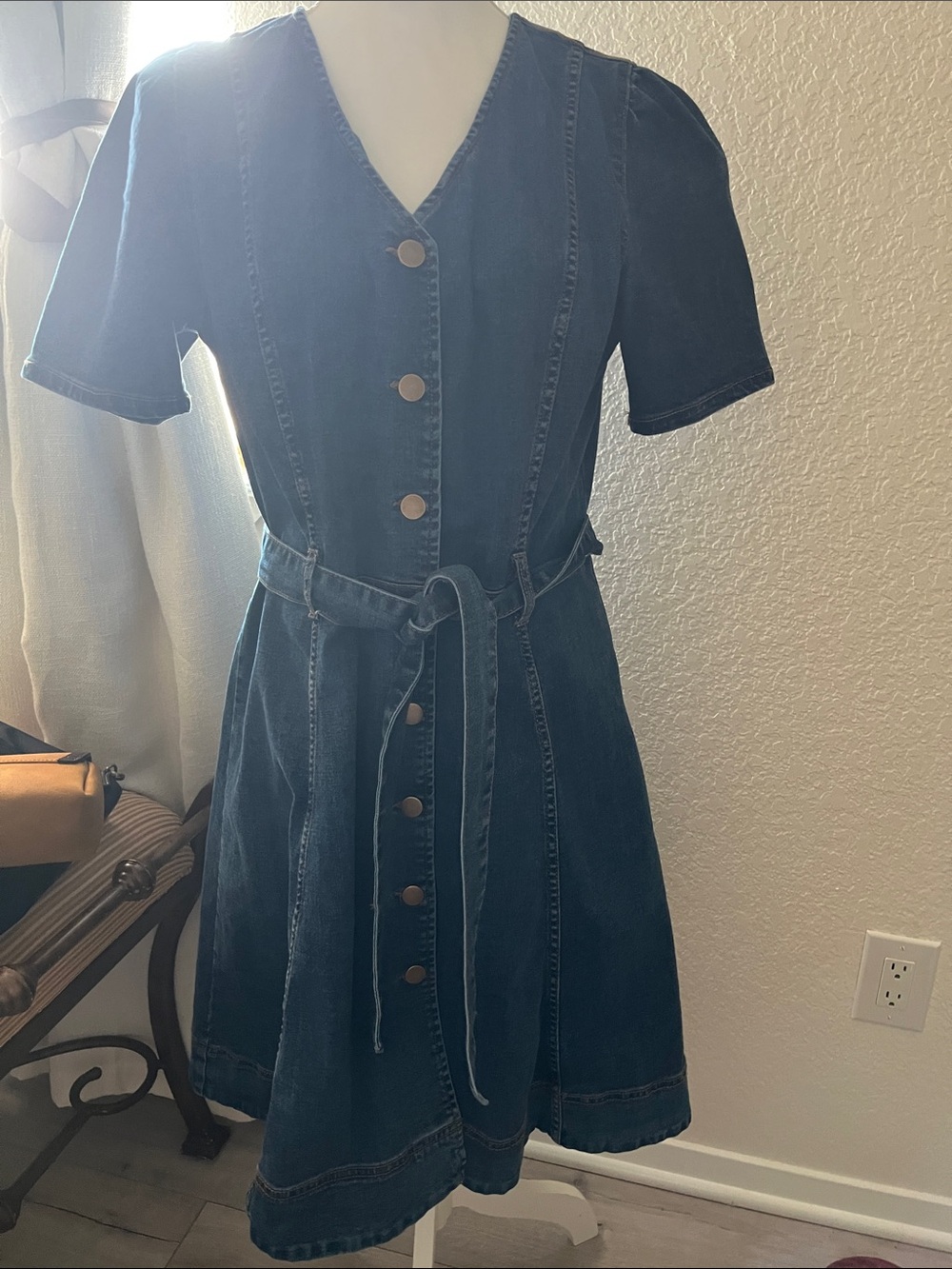 Draper James Dark Blue Denim Button-Front Tie-Waist Dress